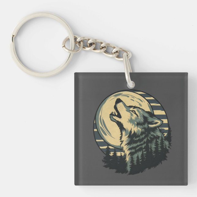 Teal Howling Wolf Moon Art Key Ring (Front)