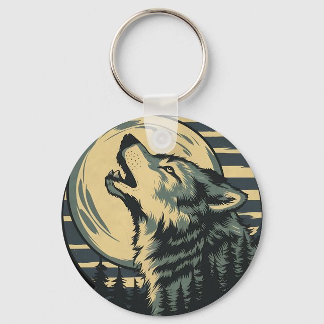 Teal Howling Wolf Moon Art Key Ring (Front)