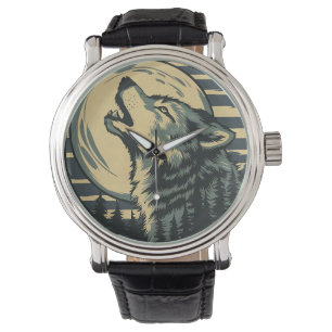 Teal Howling Wolf Moon Art Watch