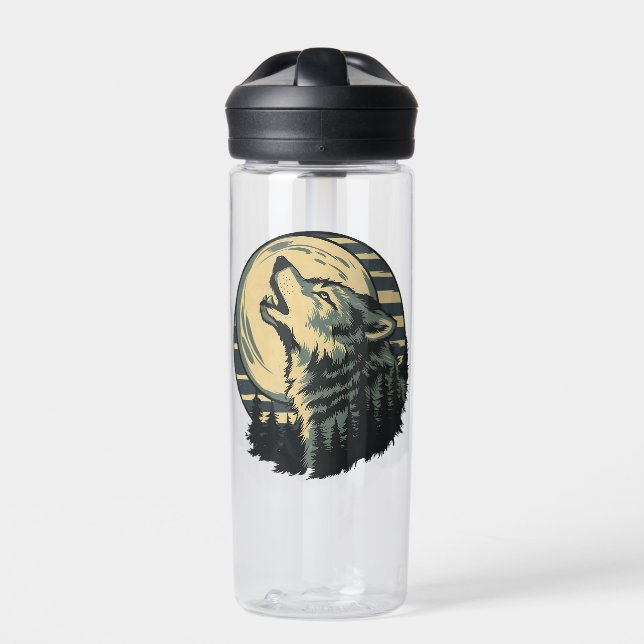Teal Howling Wolf Moon Art Water Bottle (Front)