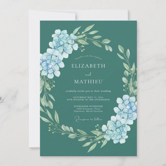 Teal Hydrangea Floral Romance Wedding Invitation (Front)