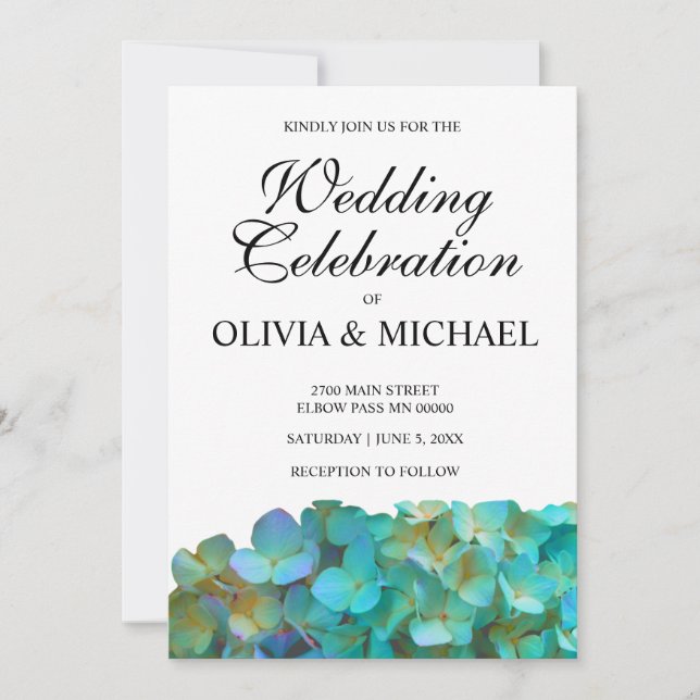 Teal hydrangeas, tea blue purple flowers  invitation (Front)
