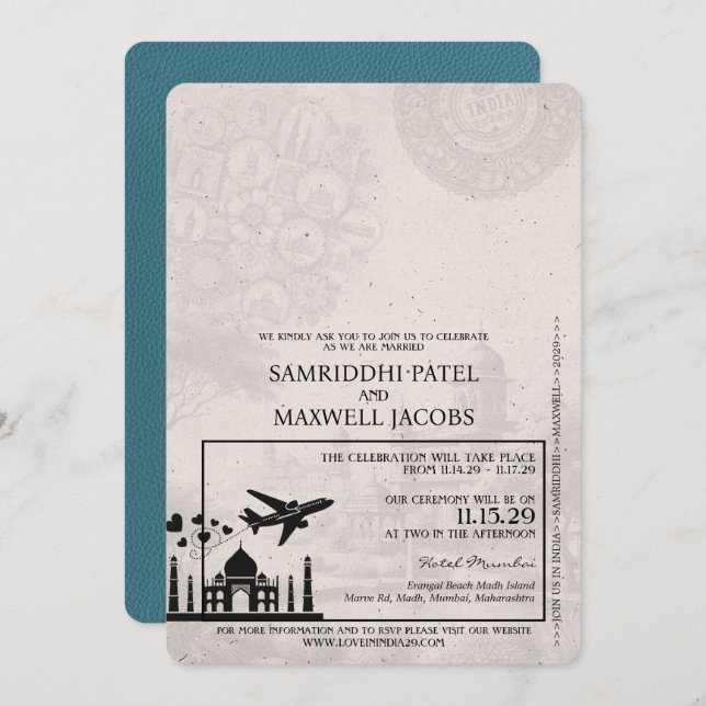 Teal India Passport Wedding Invitation (Front/Back)