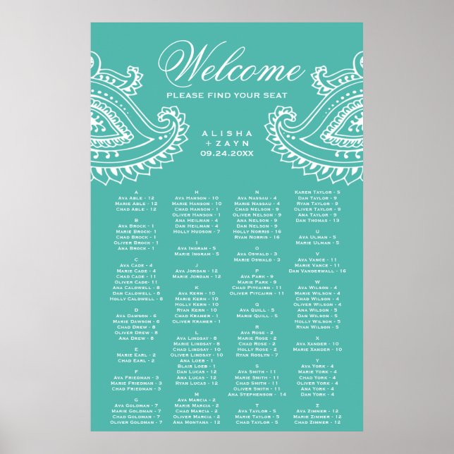 Teal Indian Paisley Alphabetical Seating Chart (Front)