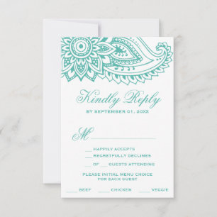 Teal Indian Paisley Menu Choice RSVP Card