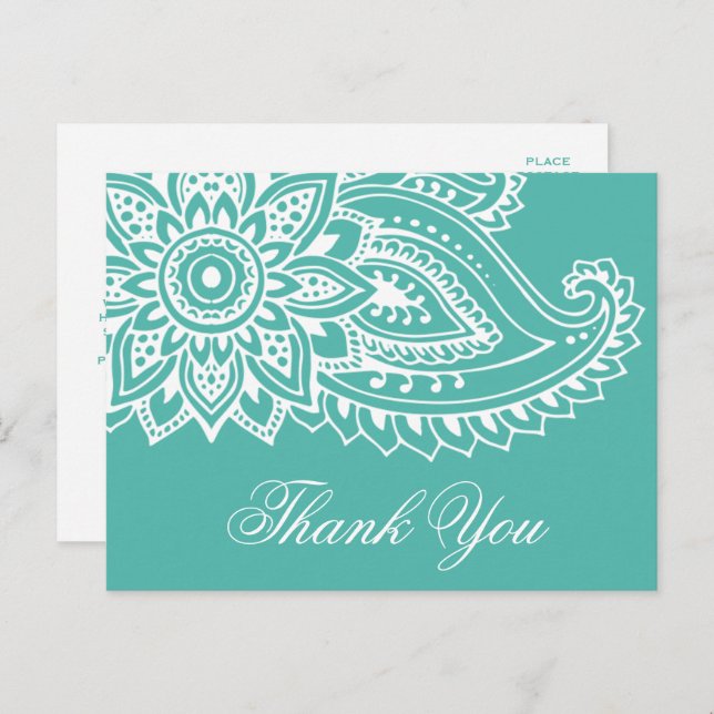 Teal Indian Paisley Thank You Postcard (Front/Back)