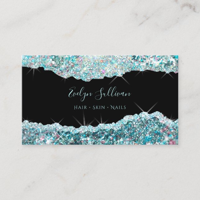 Teal iridescent glitter business card (Front)