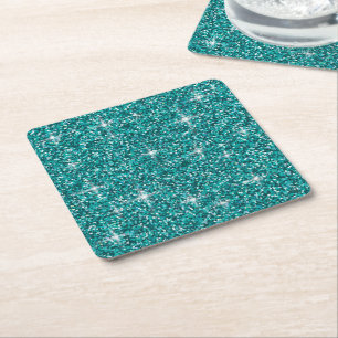 Teal iridescent glitter square paper coaster