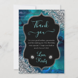 Teal Iridescent Mermaid Letters Birthday Party Thank You Card