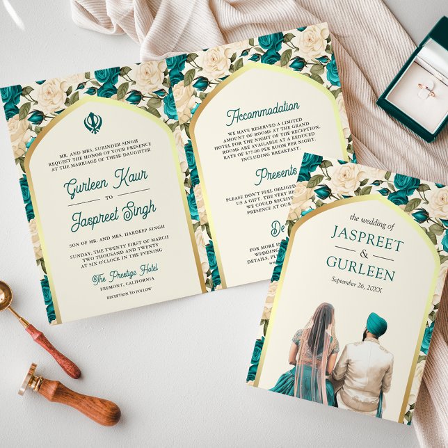 Teal Ivory Floral All in One Sikh Wedding Invitation (Creator Uploaded)