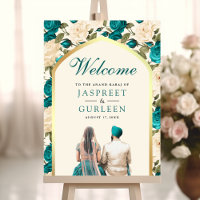 Teal Ivory Floral Anand Karaj Wedding Welcome Sign