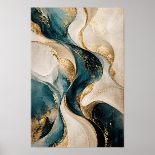 Teal Ivory Gold Interwoven Flow Abstract Wall Art