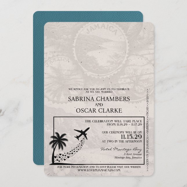 Teal Jamaica Passport Wedding Invitation (Front/Back)