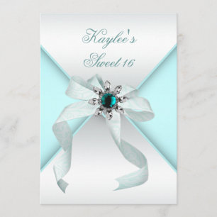 Teal Jewel Bow Pretty White Sweet Sixteen Party Invitation