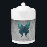 Teal Jewelled Butterfly<br><div class="desc">Enjoy your tea with a Jewelled Butterfly Personalised Teapot. Teapot design features a vibrant jewelled butterfly against an elegant vintage grey damask pattern. Additional gift items available with this design as well as a variety of colours.</div>