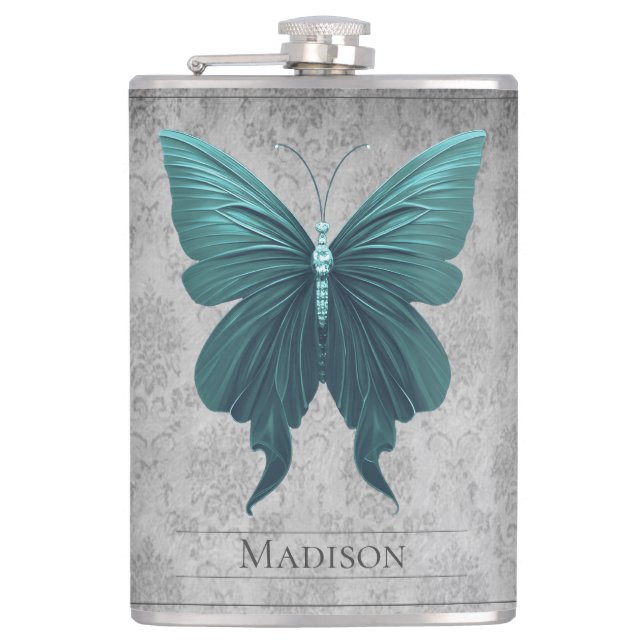 Teal Jewelled Butterfly Flask (Front)