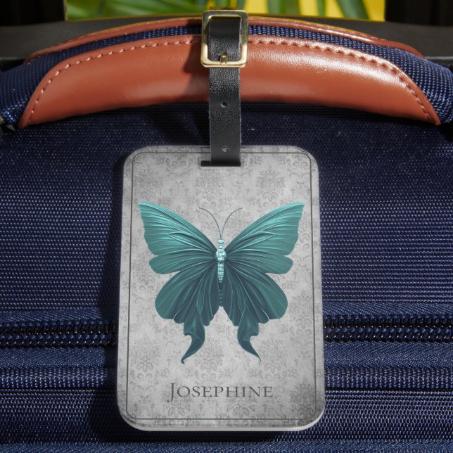 Teal Jewelled Butterfly Luggage Tag (Front Insitu 2)