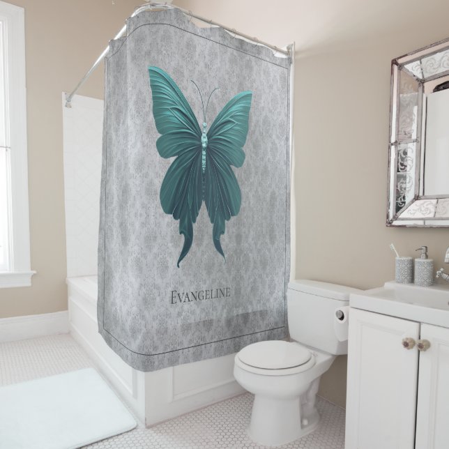 Teal Jewelled Butterfly Shower Curtain (In Situ)