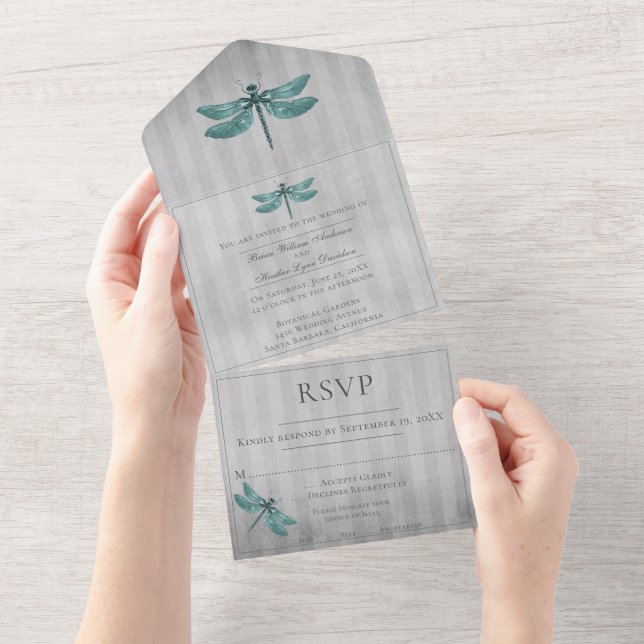 Teal Jewelled Dragonfly Wedding All In One Invitation (Tearaway)