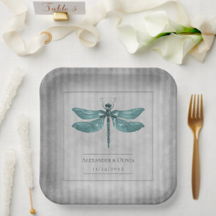 Teal Jewelled Dragonfly Wedding Paper Plate