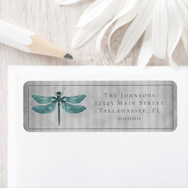 Teal Jewelled Dragonfly Wedding Return Address Label (Insitu)