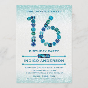 Teal Jewels Sweet 16 Birthday Party Invitations
