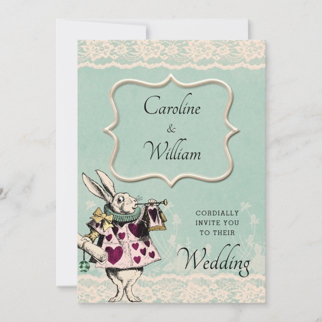 Teal Lace Alice in Wonderland Wedding Invitation (Front)