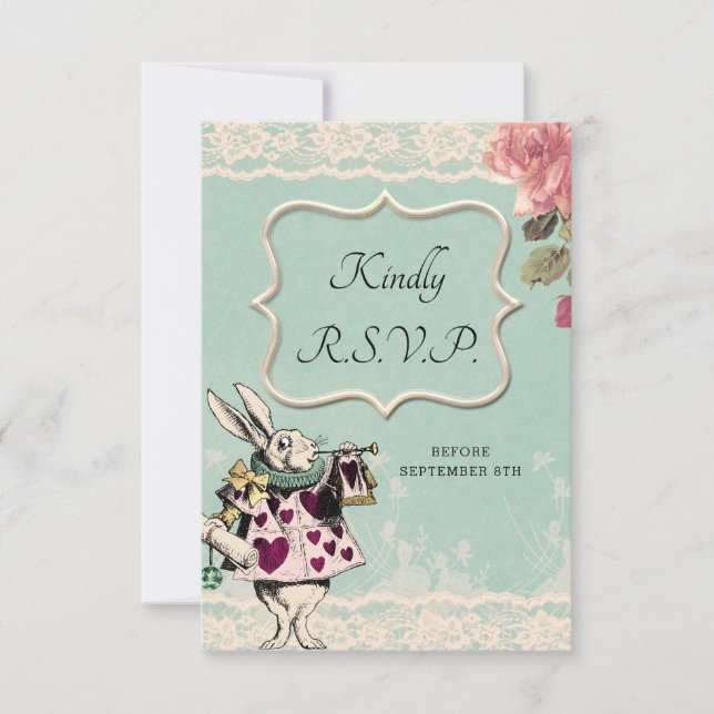 Teal Lace Alice in Wonderland Wedding RSVP Card (Front)