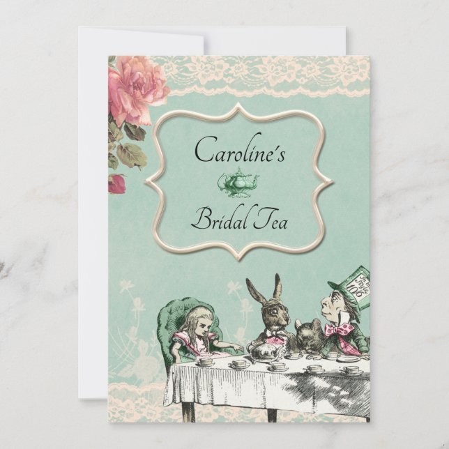 Teal Lace Alice Wonderland Tea Party Bridal Shower Invitation (Front)