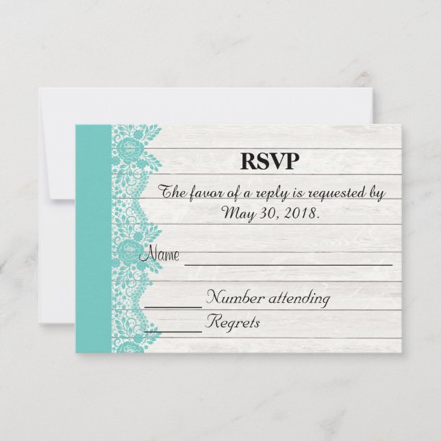 Teal Lace and Wood Rustic Wedding Invitation (Front)