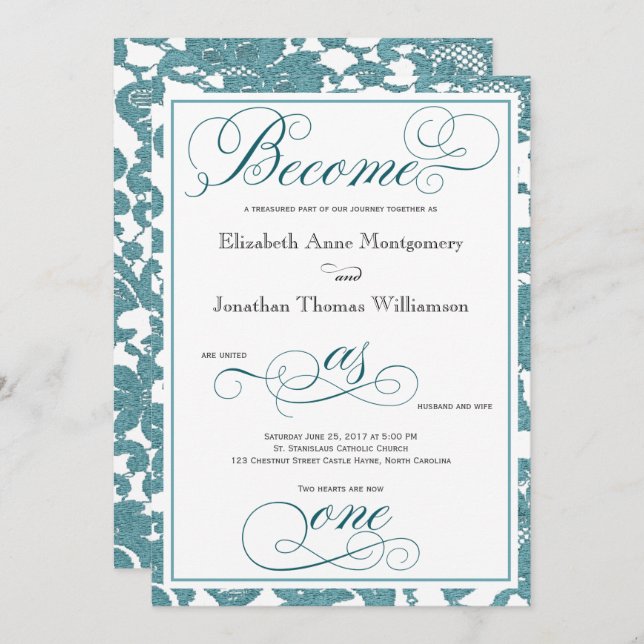 Teal Lace Become as One Christian Wedding Invitation (Front/Back)