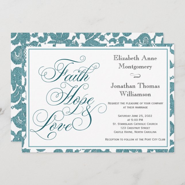 Teal Lace Faith Hope & Love Wedding Invitation (Front/Back)