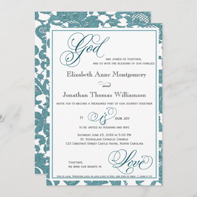 Teal Lace Religious Wedding Invitation (Front/Back)