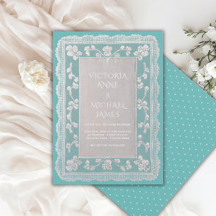 Teal Lace Whimsical Vintage Wedding Invitation
