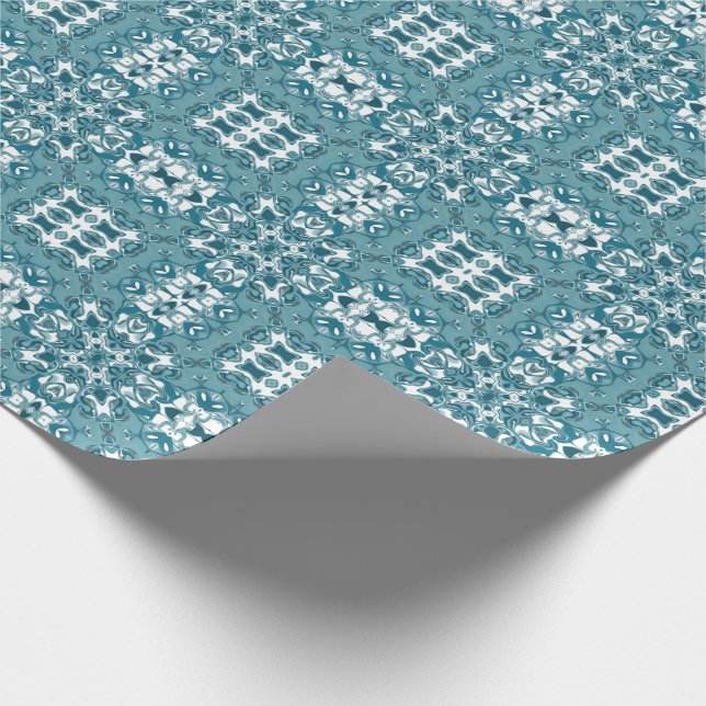 Teal Lacy Circular Kaleidoscope Pattern Wrapping Paper (Corner)
