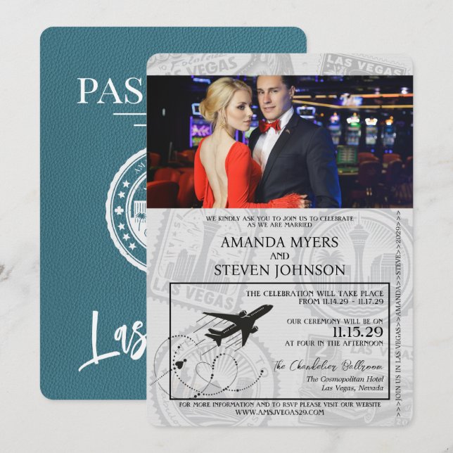 Teal Las Vegas Passport Wedding Invitation (Front/Back)