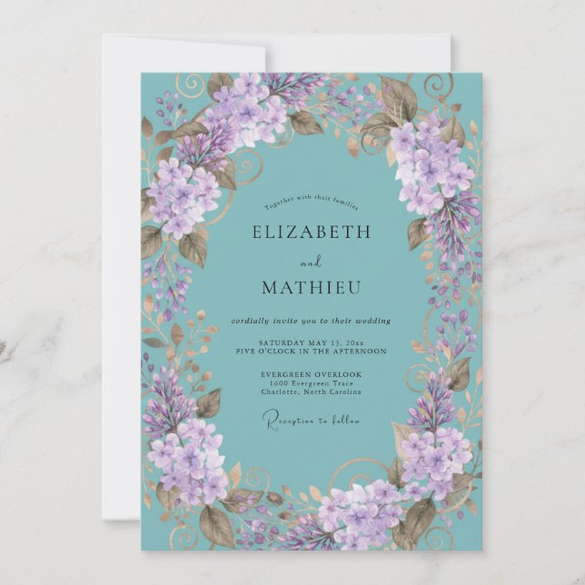 Teal Lavender Botanical Romance Wedding Invitation (Front)