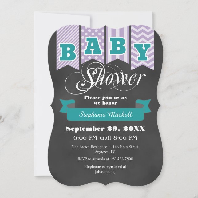 Teal Lavender Chalkboard Flag Baby Shower Invite (Front)