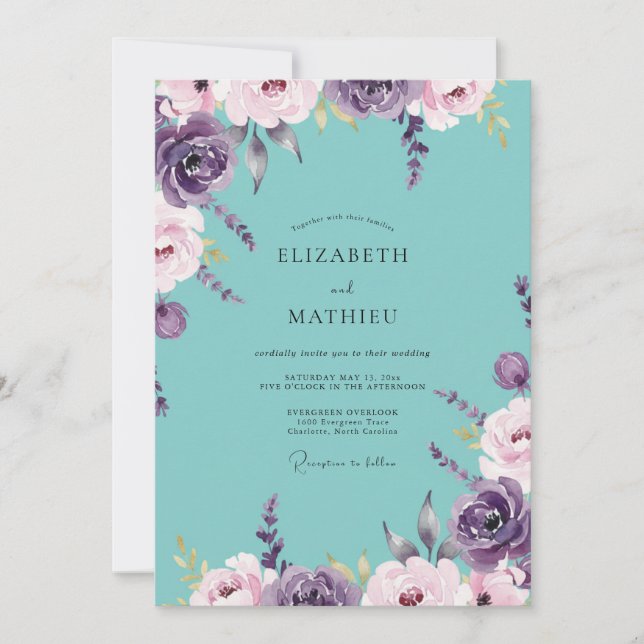 Teal Lavender Petal Wedding Invitation (Front)