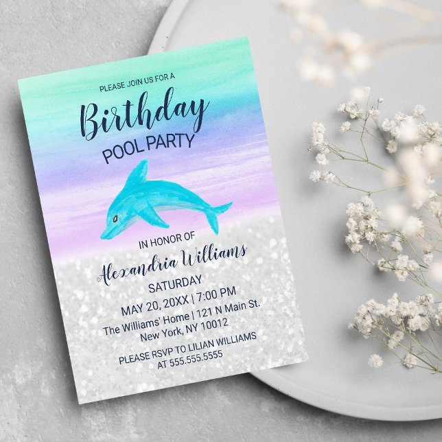 Teal Lavender White Glitter Dolphin Pool Birthday Invitation Postcard (Teal Lavender White Glitter Dolphin Pool Birthday )