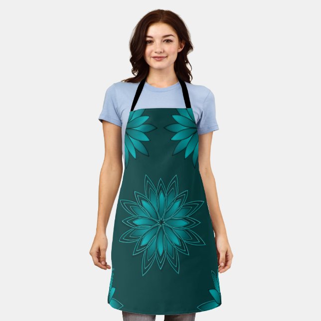 Teal Leaf Mandala Design on Dark Cyan Apron (Worn)