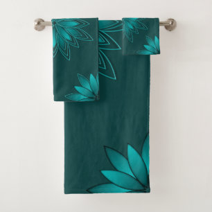 Teal Leaf Mandala Design on Dark Cyan Bath Towel Set