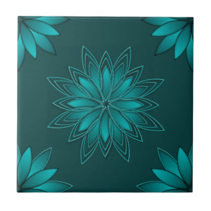 Teal Leaf Mandala Design on Dark Cyan Ceramic Tile
