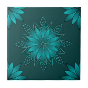 Teal Leaf Mandala Design on Dark Cyan Ceramic Tile