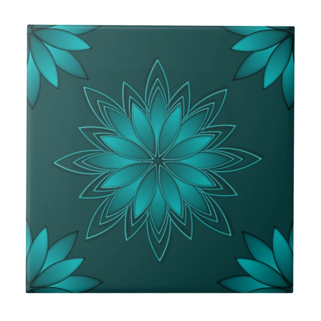 Teal Leaf Mandala Design on Dark Cyan Ceramic Tile (Front)