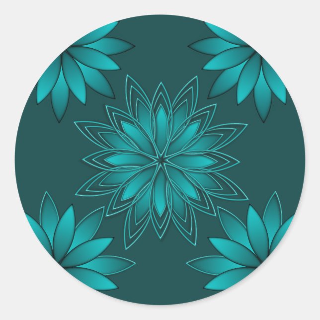 Teal Leaf Mandala Design on Dark Cyan Classic Round Sticker (Front)