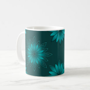 Teal Leaf Mandala Design on Dark Cyan Coffee Mug