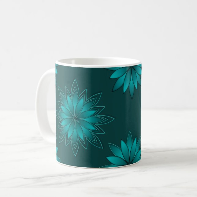 Teal Leaf Mandala Design on Dark Cyan Coffee Mug (Front Left)