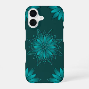 Teal Leaf Mandala Design on Dark Cyan iPhone 16 Case