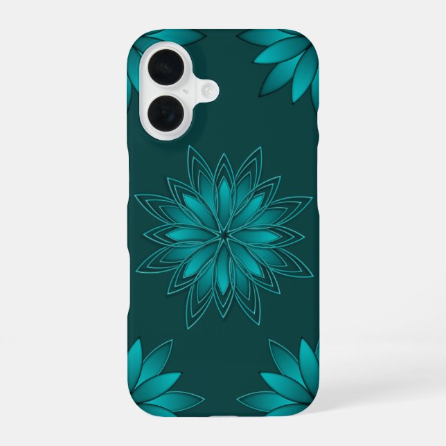 Teal Leaf Mandala Design on Dark Cyan iPhone 16 Case (Back)